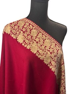 Elegant Red Shawl with Gold Embroidered Border